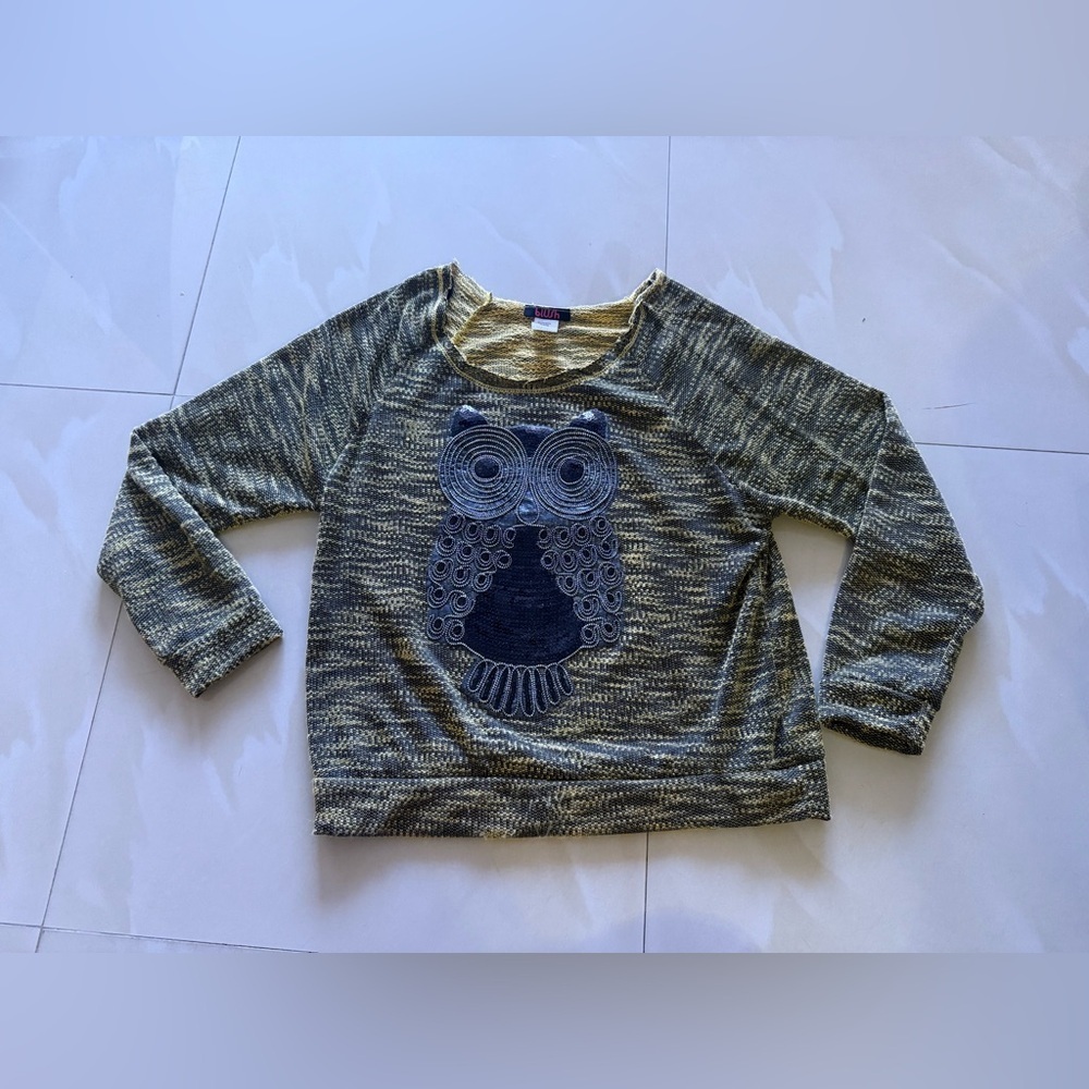 Blush Gray and Yellow Sweater with Tree Design Owl design knit yellow black